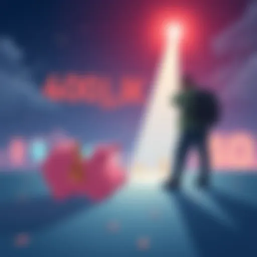 Illustration showing a person looking at a broken piggy bank with a bright light symbolizing hope and the 401jk project in the background