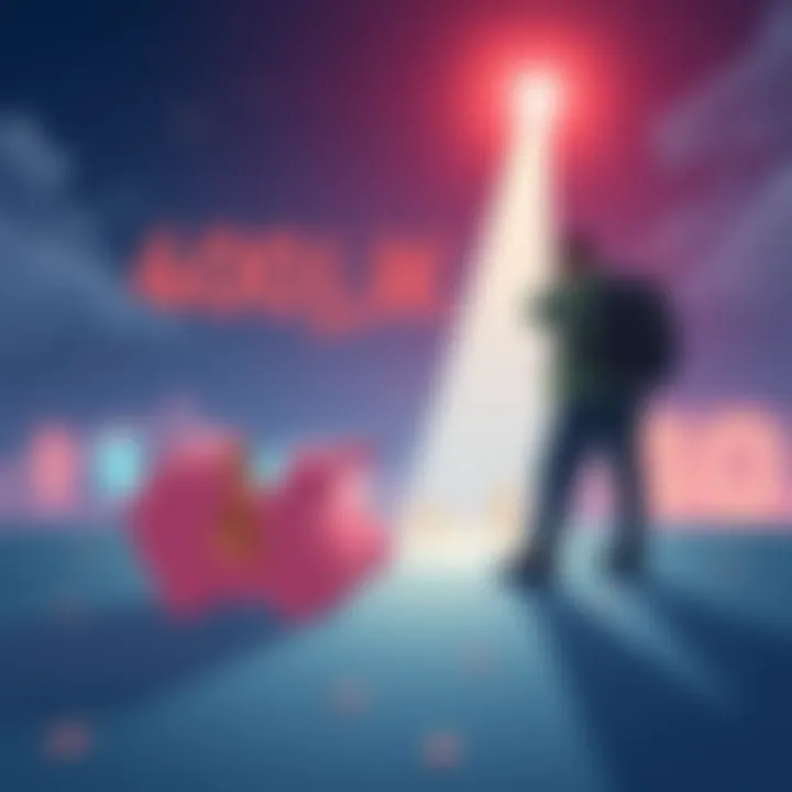 Illustration showing a person looking at a broken piggy bank with a bright light symbolizing hope and the 401jk project in the background