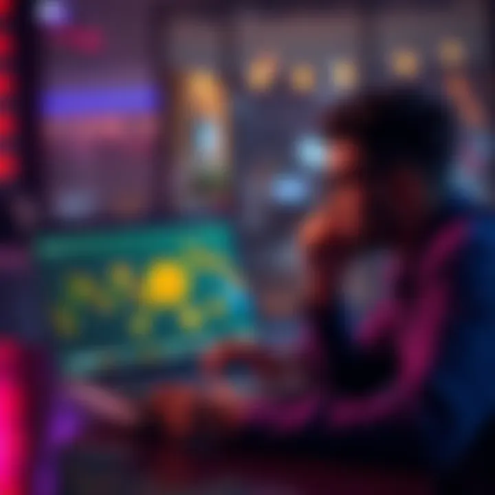 Individual looking at a laptop with Bitcoin graphics and a calculator, pondering financial decisions