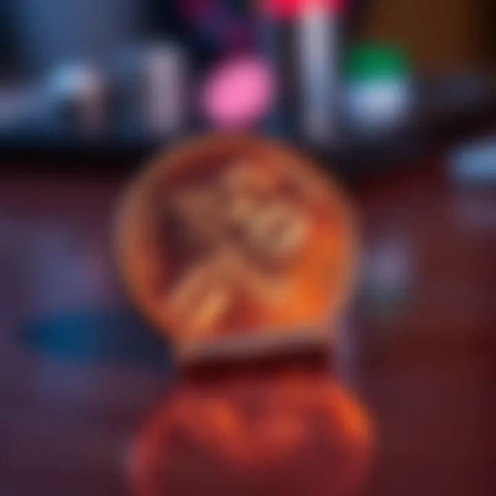 A close-up of a 50 cents coin resting on a wooden table, showcasing its details and shine