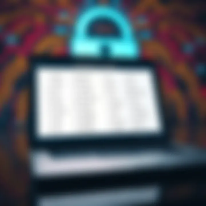 A laptop screen displaying a list of 24 random words with a digital lock graphic in the background