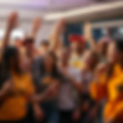 A diverse group of people in BCH merchandise laughing and engaging in playful activities, embodying a light-hearted spirit.