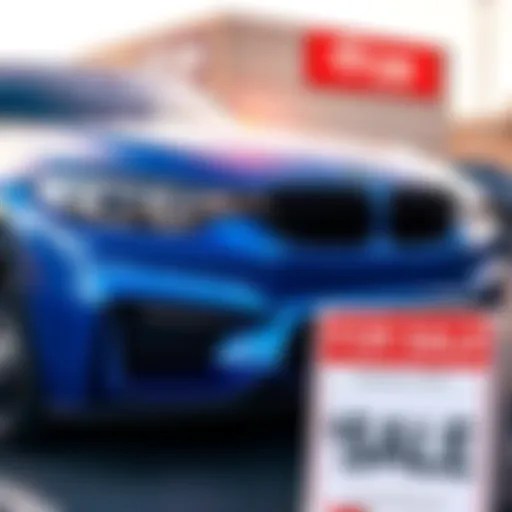 A blue F10 BMW parked with a for sale sign in front of it, showcasing the vehicle's sleek design and auction details.