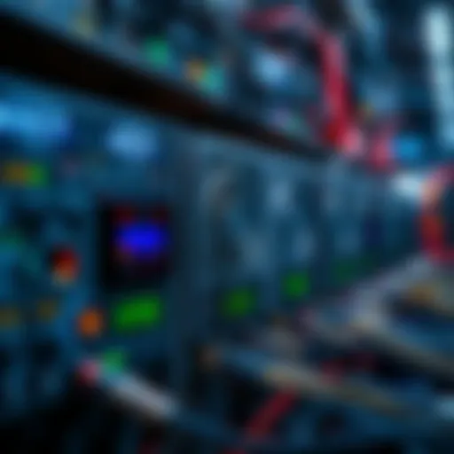 A close-up view of HNT mining equipment set up with multiple miners connected, showing indicators of performance and connectivity.