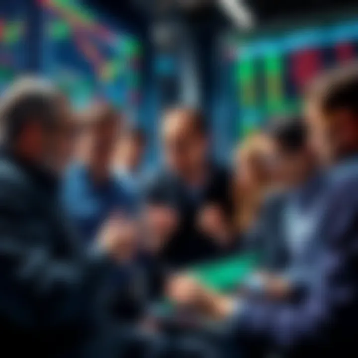 A group of people discussing trading strategies with charts and graphs, showing excitement for quick profits, while another group looks concerned about losses.