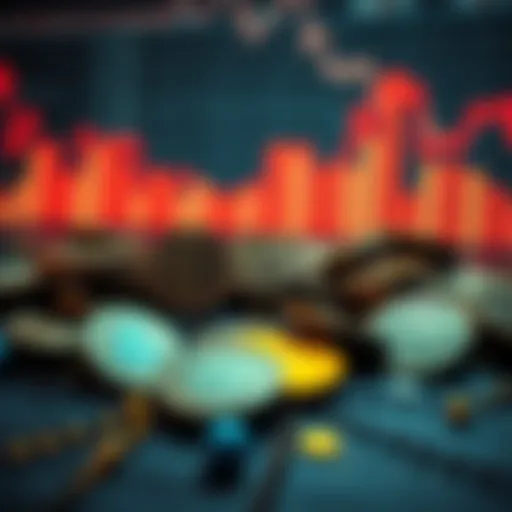 A group of memecoins lying unused with a background of a declining crypto graph