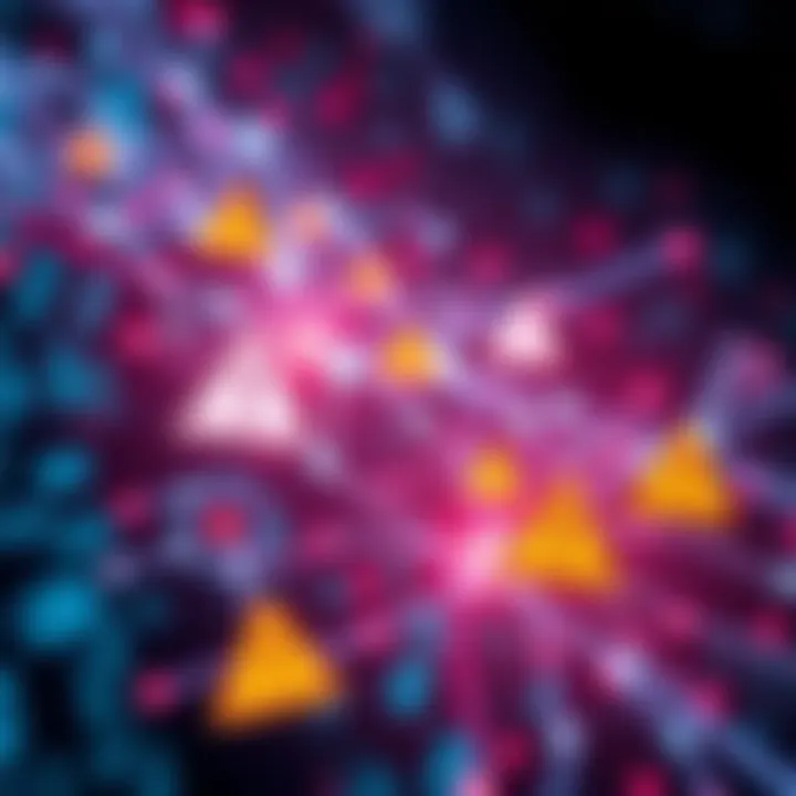 A digital representation of technology risks, showcasing network connections with warning signs and gears, symbolizing the challenges of technology integration in 2025.