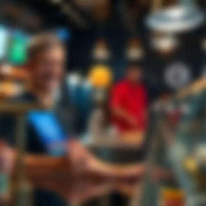 A small business owner smiling while accepting Litecoin payments at a counter with a digital payment screen