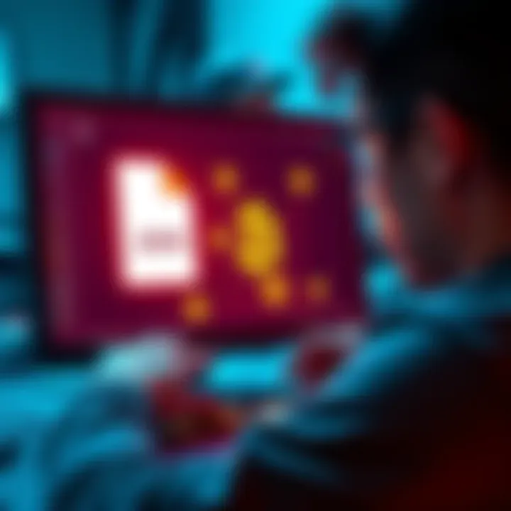 A person looking at a computer screen displaying a JSON file and Bitcoin symbols, with a few coins around