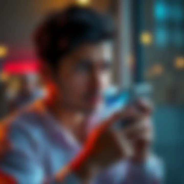 A person looking worried while holding their phone, showing news about account closure and financial loss