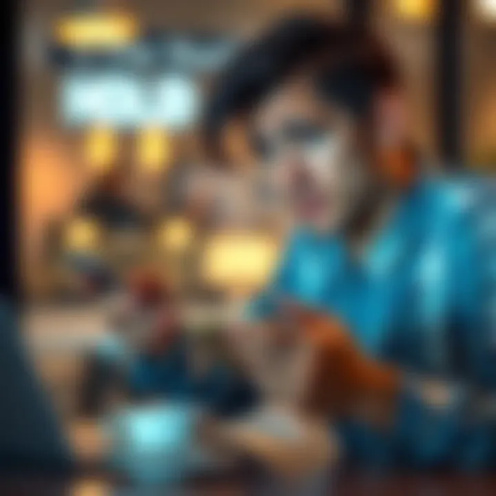 A stressed person looking at their phone, concerned about their account being on hold for a risk control review. They have a worried expression while holding a cup of coffee.