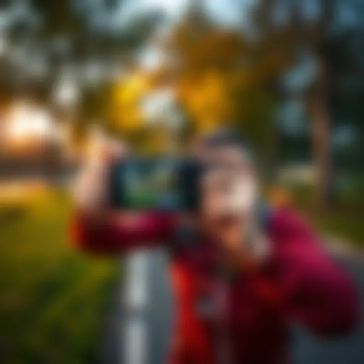 A person capturing their active lifestyle with a camera while jogging in a park