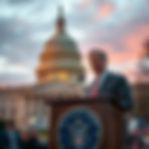 Senator Adam Schiff at a podium announcing a bill about digital assets, with a backdrop of the US Capitol building.