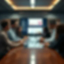 A group of business professionals discussing advertising strategies around a conference table with charts and graphs on a screen in the background.