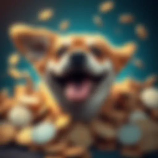 A cheerful dog surrounded by coins, representing the Aerobud meme coin and its connection to animal charities.
