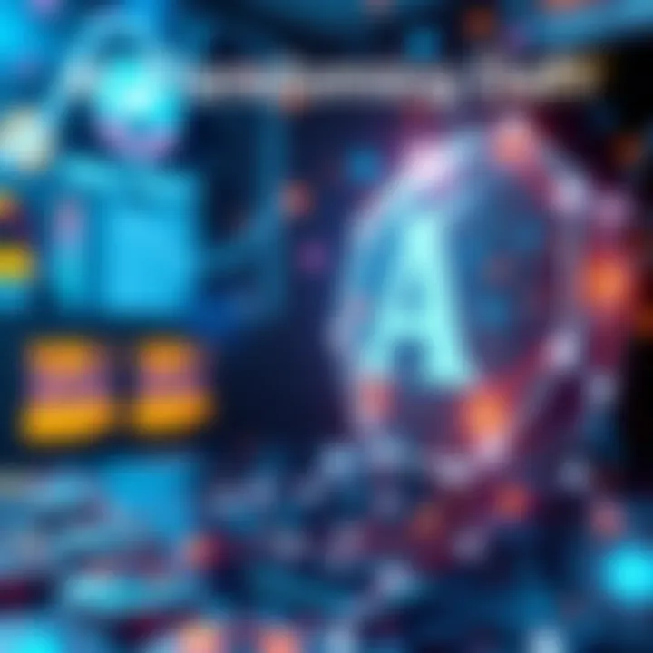 A futuristic image depicting artificial intelligence and decentralized finance, with icons representing smart contracts and risk management systems connected to a blockchain network.