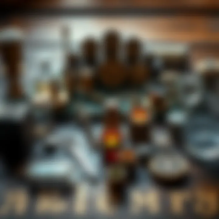 A collection of alchemy symbols and tools on a wooden table, representing creativity and transformation.