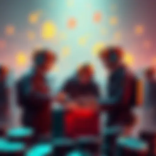 A group of miners discussing changes in staking requirements for the Aleo network amidst a backdrop of digital currency symbols.