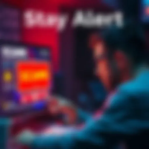 A person looking at a computer screen with warning signs about scams and frauds.