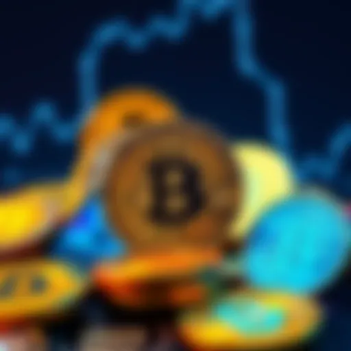 A selection of popular altcoins displayed with Bitcoin symbols in the background, symbolizing investment opportunities.