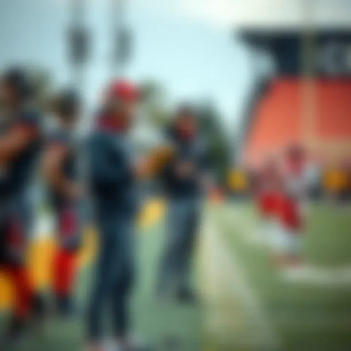 An amateur football manager standing on the sidelines, strategizing with a clipboard in hand as players warm up on the field.