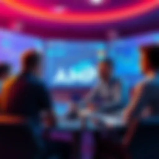 People engaging in a conversation about Amp Token with charts and graphs visible on screens.