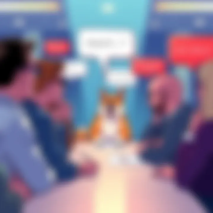 A digital illustration showing a group of people discussing anti-DOGE sentiment at a forum, with speech bubbles expressing various opinions.