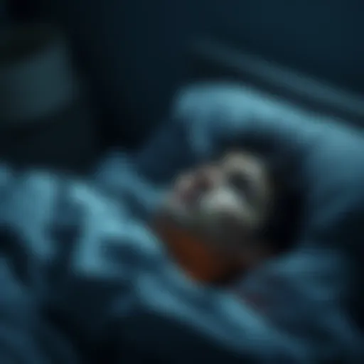 A person lying awake in bed, staring at the ceiling with a worried expression, while shadows loom in the background.