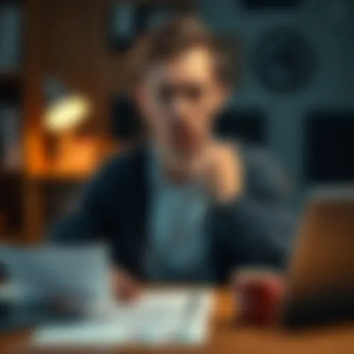 A person sitting at a desk with a worried expression, surrounded by paperwork and a coffee cup, showing signs of anxiety after following instructions.