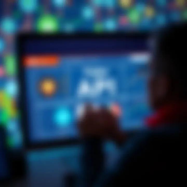 A person analyzing a fake API report on a computer screen with tech icons in the background.
