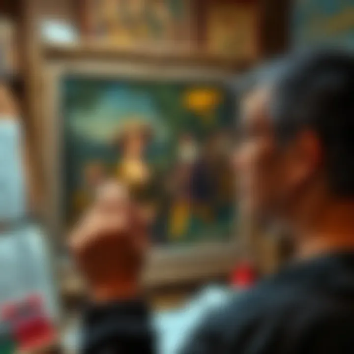 A person looking at a famous artwork with a thoughtful expression, surrounded by art supplies and sketches of similar pieces.