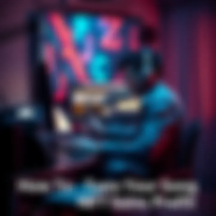 A musician sitting at a computer, working on turning their song into an NFT using digital tools.