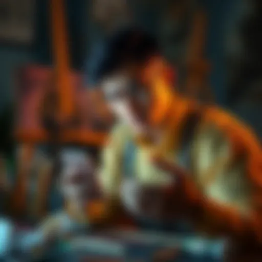 An artist looks concerned while checking a smartphone with a crypto wallet app, pondering a payment for a portrait, with art supplies scattered around.