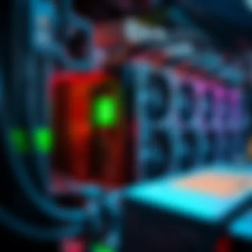 A close-up view of an ASIC mining machine, focusing on the IceRiver ALEO AE2 model, surrounded by cooling fans and power supply units for efficient performance.