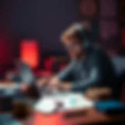 A focused developer working on a laptop with sketches and notes scattered around, looking determined to recruit a team for a new project