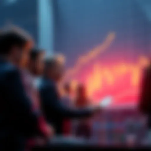 A group of people discussing market trends and asset performance with charts and graphs in the background.