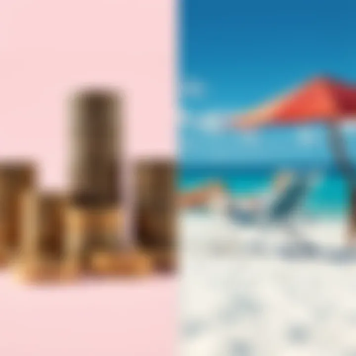 Assets and Relaxation A split image with one side showing stacks of coins and the other side depicting a person lounging on a beach chair, symbolizing investment versus relaxation.