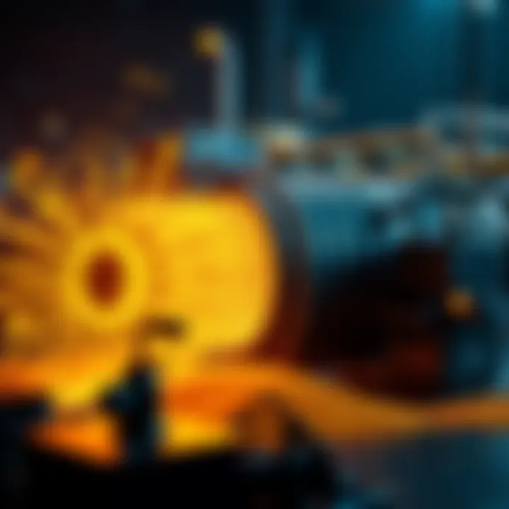 Scientific setup showing an atom smasher converting lead into gold with glowing particles