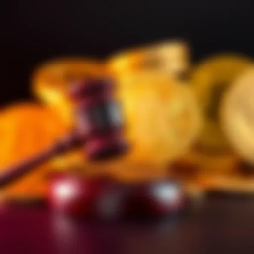 A gavel symbolizing a court ruling with Bitcoin coins in the background