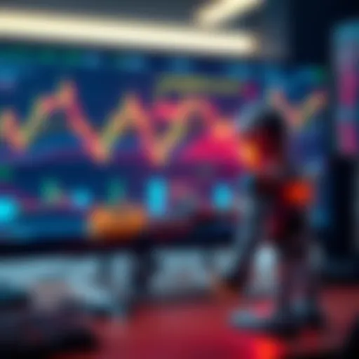 A graphic showing a digital representation of an automated arbitrage crypto bot operating on a computer screen, with cryptocurrency charts and data in the background.