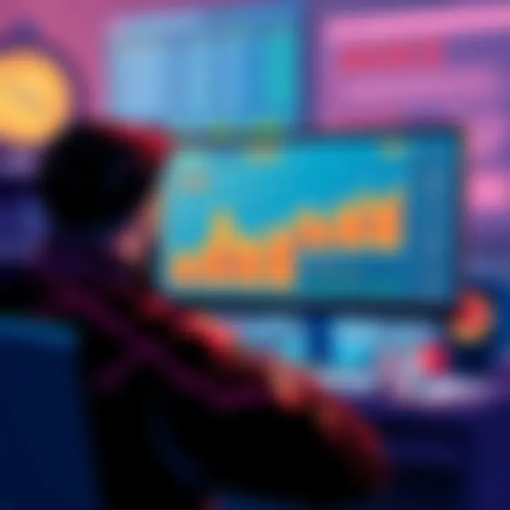 Illustration of a person looking at a computer screen displaying AVAX staking options and income charts.