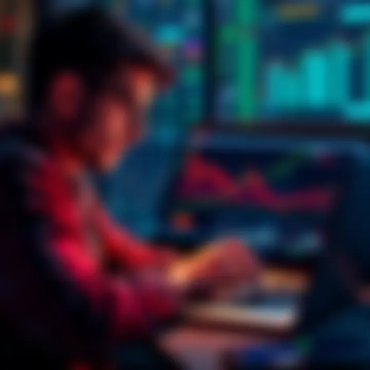 An average HODLer analyzing cryptocurrency market trends with charts and graphs on a laptop.