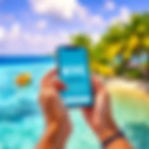A person checking their email on a smartphone, looking excited about receiving KYC approval news, with a tropical background.