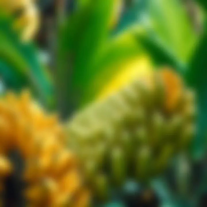 A vibrant display of bananas in a tropical setting, representing the banana zone concept, with lush greenery in the background.