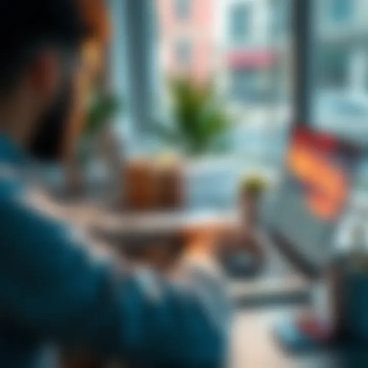 A person sitting at a desk, using a laptop to set up an ACH transfer through their bank's online portal.