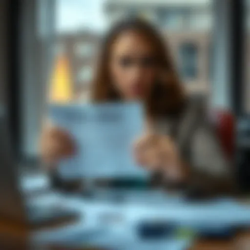 A person holds a bank notice regarding account review after a cash deposit, looking worried while sitting at a desk with paperwork spread out.