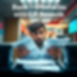 A person looking frustrated at a bank counter while holding financial documents related to liquidity provider rewards.