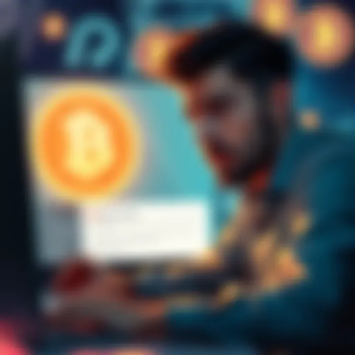 A frustrated customer looking at a bank error message on a computer screen with cryptocurrency symbols in the background