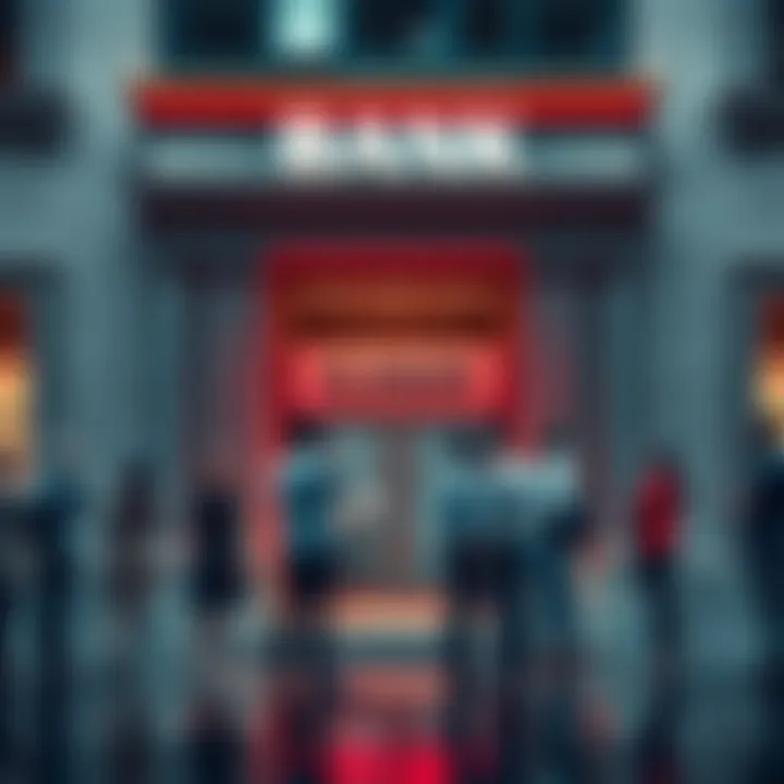 A group of worried people standing in front of a bank with a closed sign, discussing the recent bankruptcy.