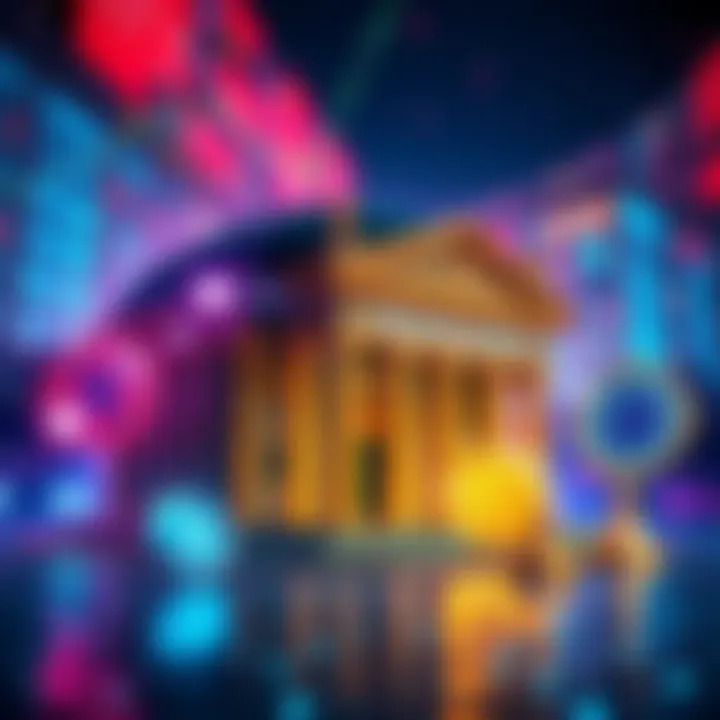 A visual representation showing a bank building alongside digital currency icons, highlighting the debate over XRP use in transactions.
